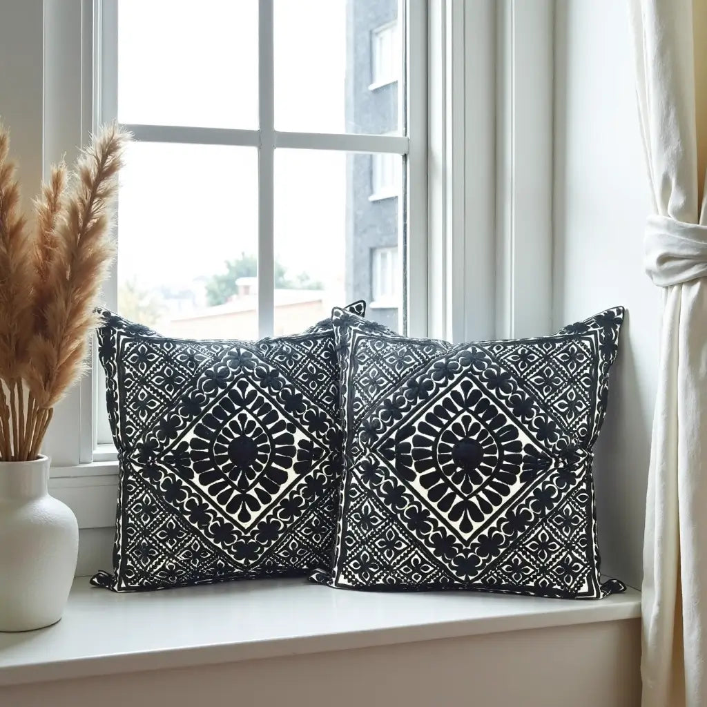 Black Embroidered Cotton Pillow Covers 17.4″ – Geometric Set of 2 image 4