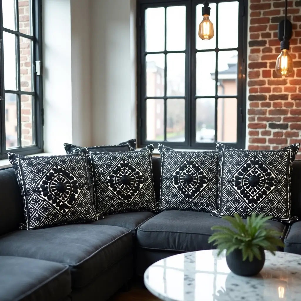 Black Embroidered Cotton Pillow Covers 17.4″ – Geometric Set of 2 image 5