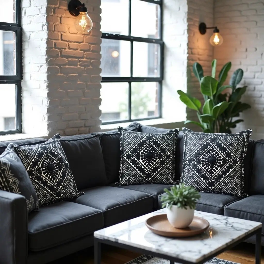 Black Embroidered Cotton Pillow Covers 17.4″ – Geometric Set of 2 image 6