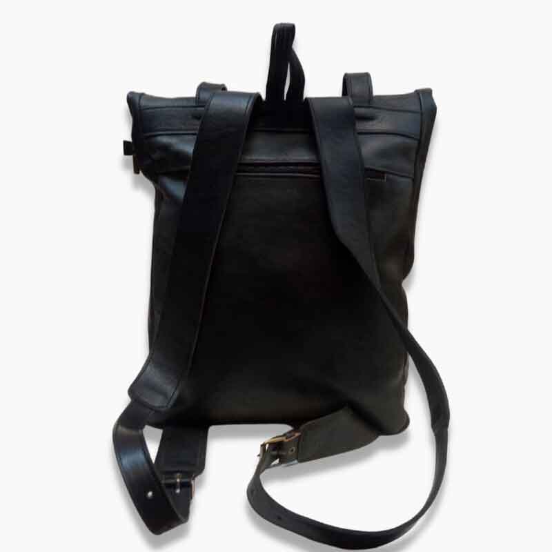 Urban Black Leather Backpack – Handcrafted Rolltop Design image 11