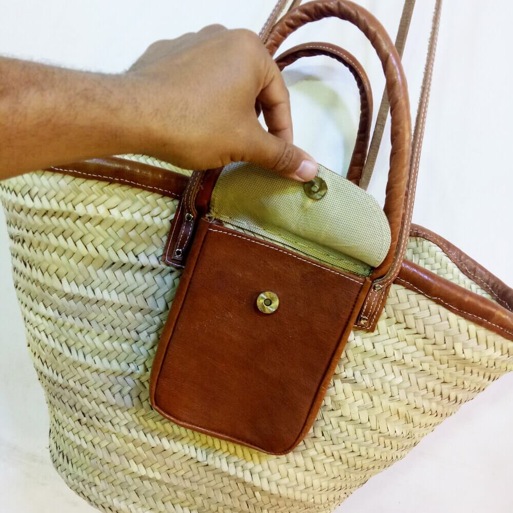 Natural Straw Beach Bag – Handwoven Tote with Leather Pocket & Straps image 5
