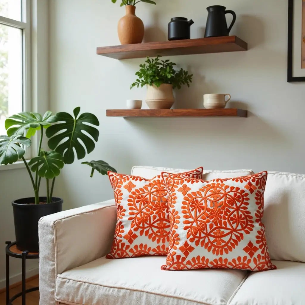 Orange Damask Embroidered Cotton Cushion Set 17.4″ – Set of 2 image 14