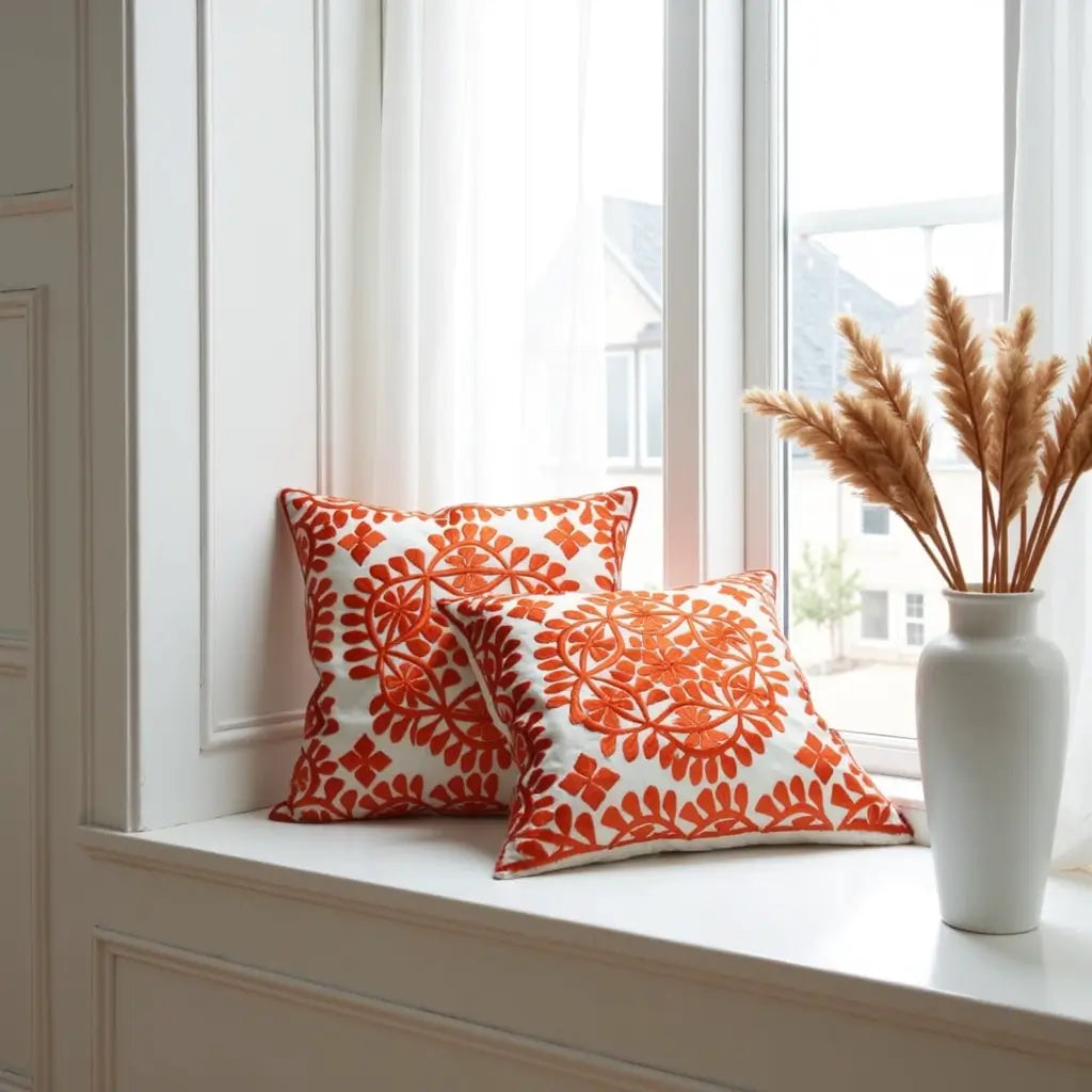 Orange Damask Embroidered Cotton Cushion Set 17.4″ – Set of 2 image 10