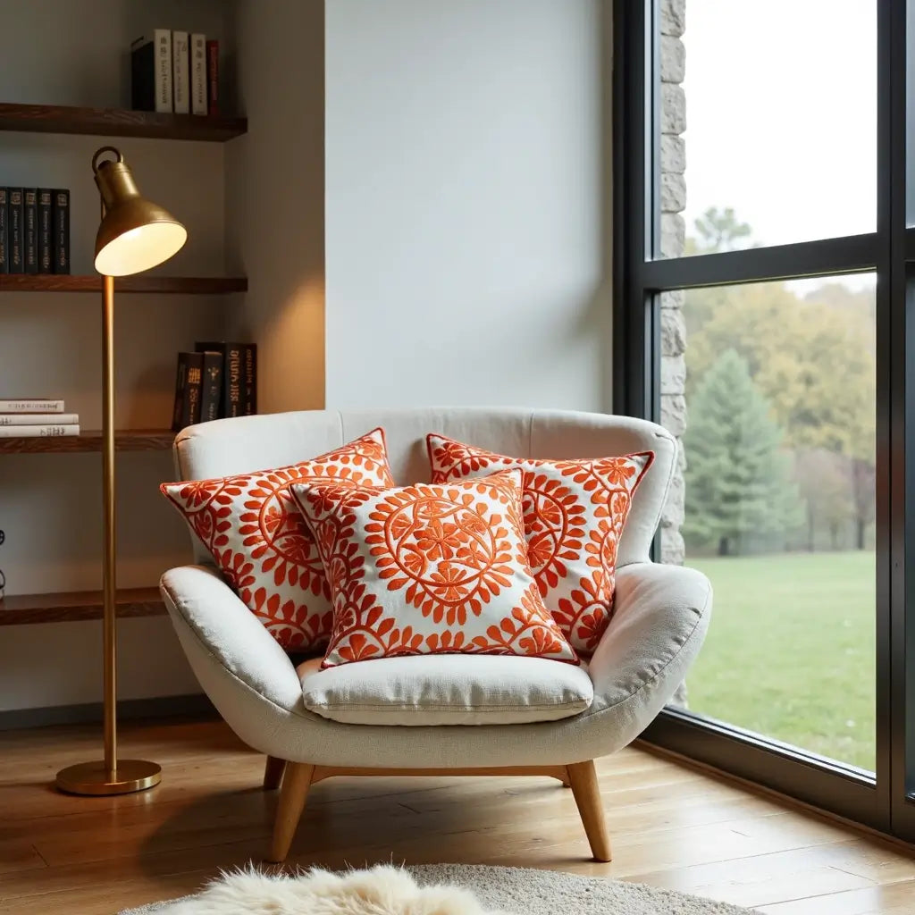 Orange Damask Embroidered Cotton Cushion Set 17.4″ – Set of 2 image 11