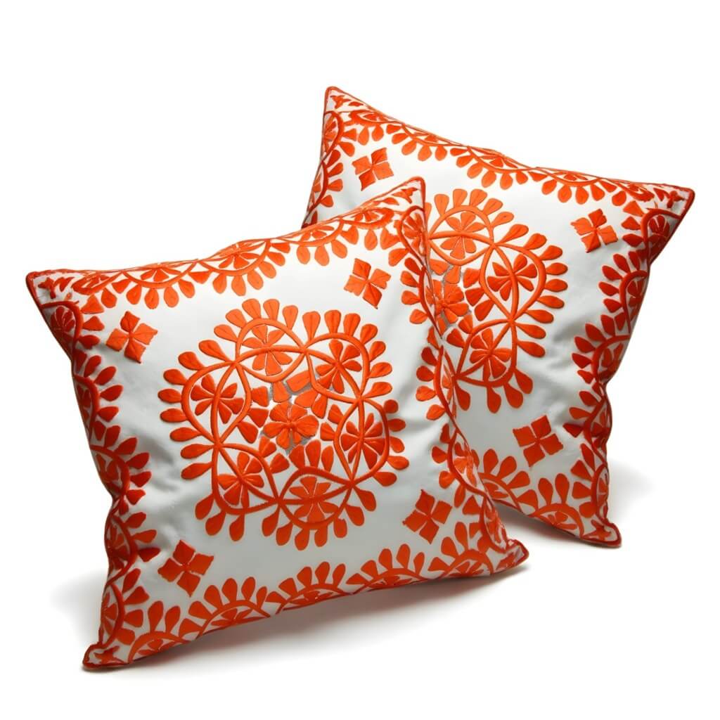 Orange Damask Embroidered Cotton Cushion Set 17.4″ – Set of 2 image
