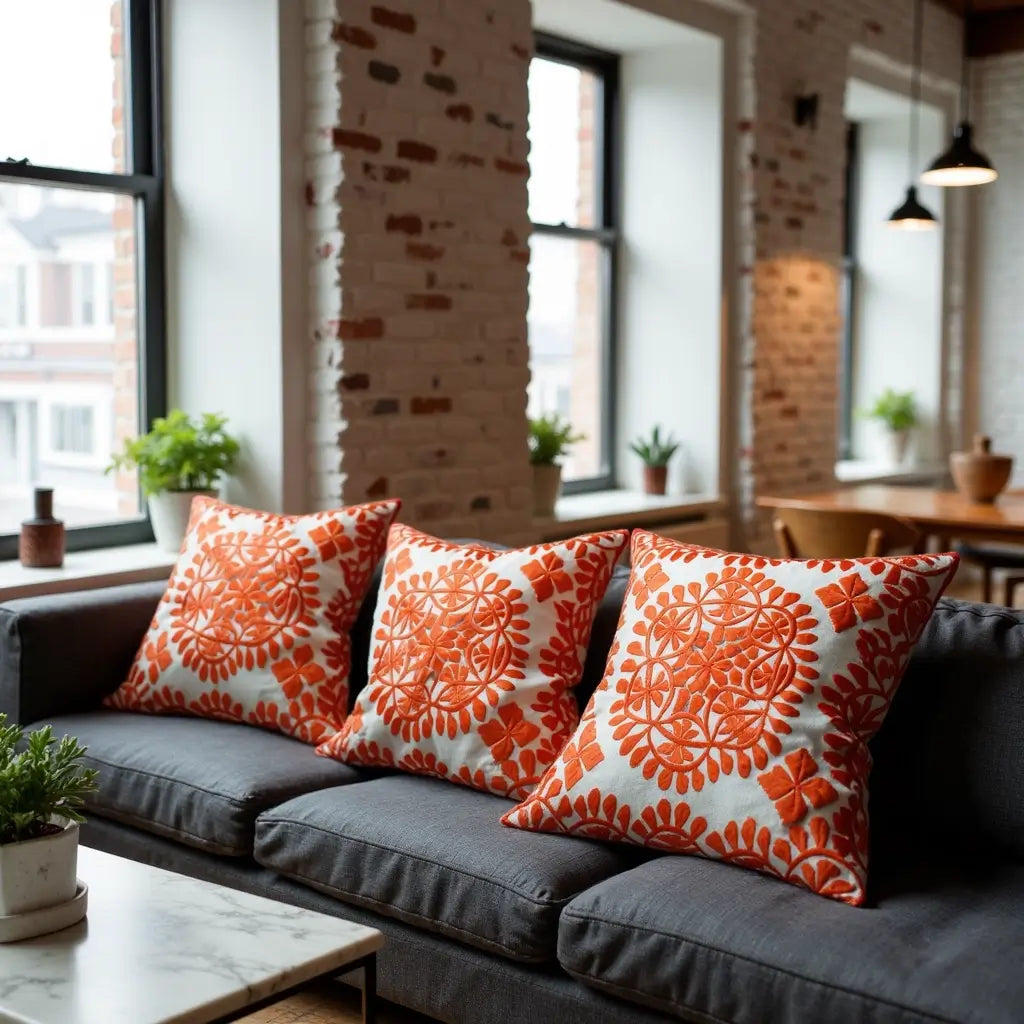 Orange Damask Embroidered Cotton Cushion Set 17.4″ – Set of 2 image 12