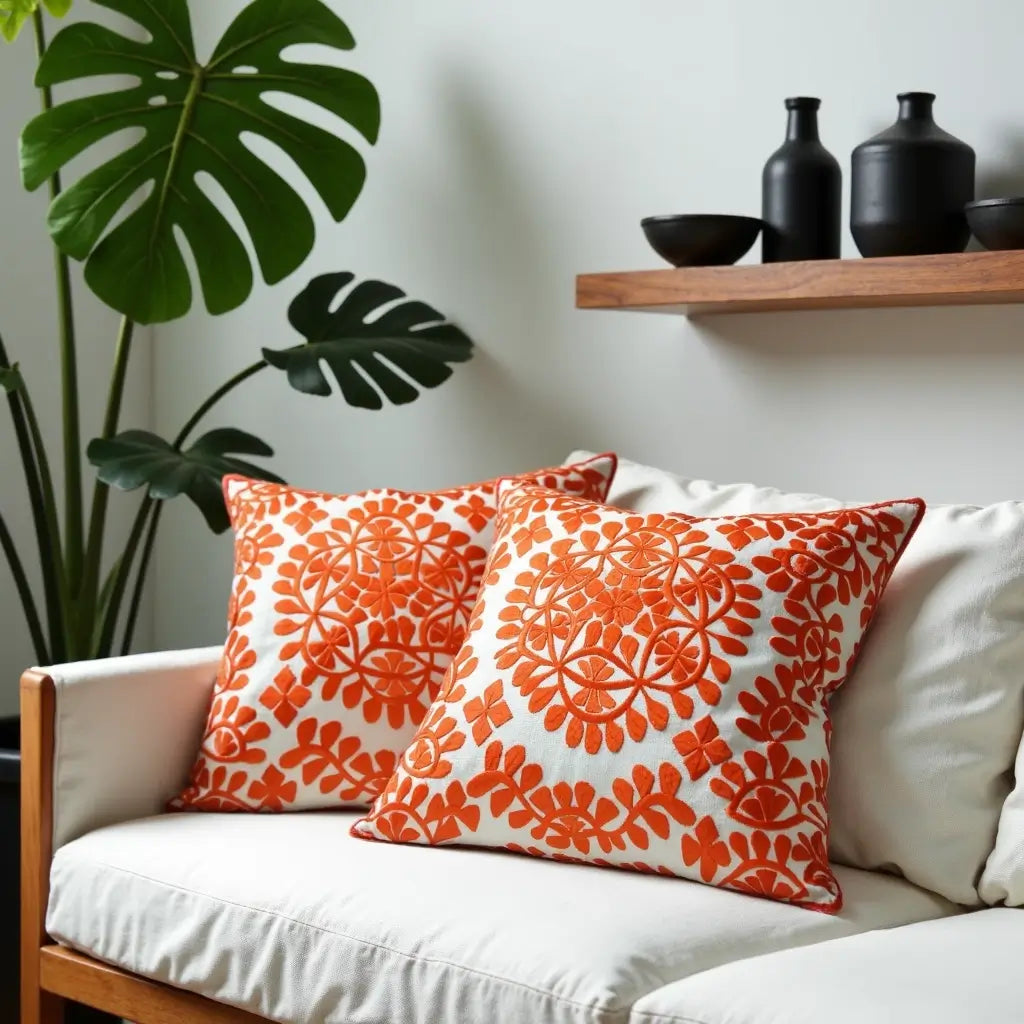Orange Damask Embroidered Cotton Cushion Set 17.4″ – Set of 2 image 13