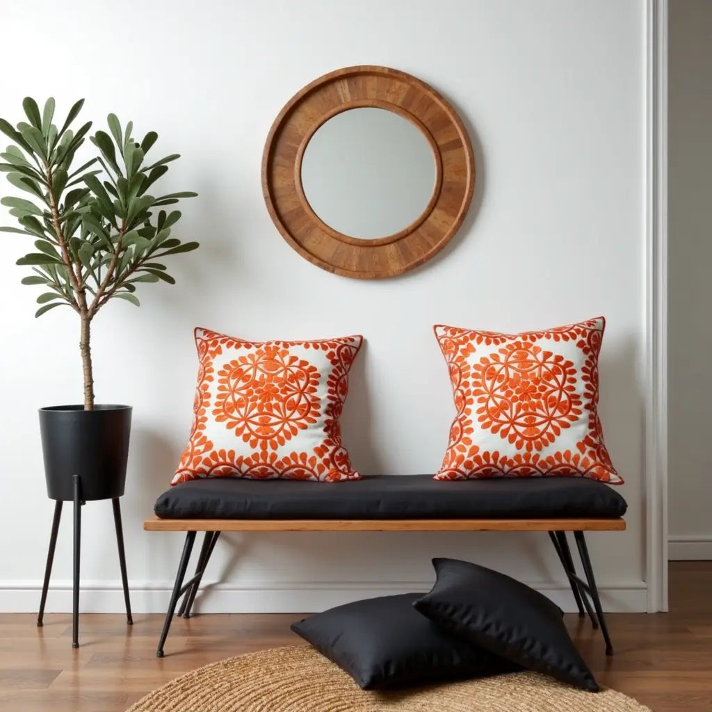 Orange Damask Embroidered Cotton Cushion Set 17.4″ – Set of 2 image 2