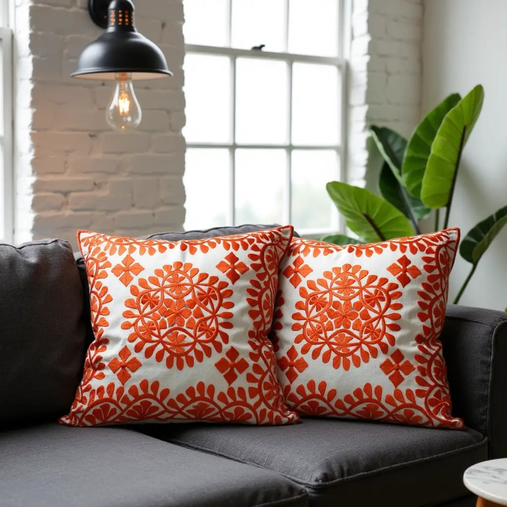 Orange Damask Embroidered Cotton Cushion Set 17.4″ – Set of 2 image 4