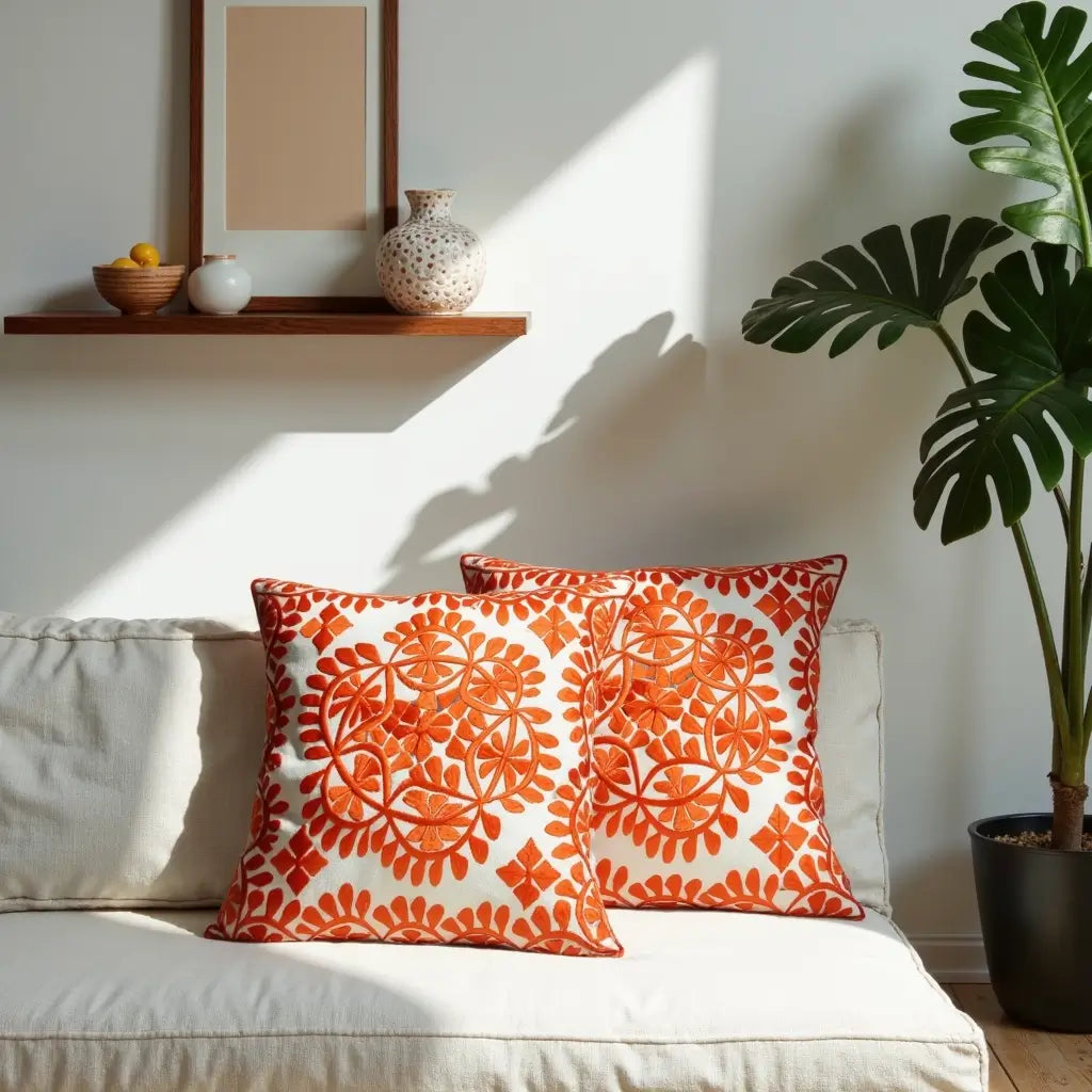 Orange Damask Embroidered Cotton Cushion Set 17.4″ – Set of 2 image 5