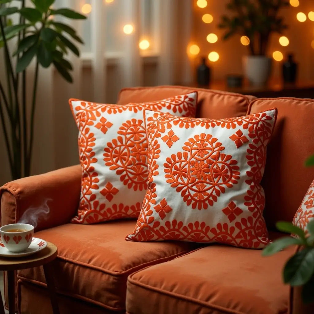 Orange Damask Embroidered Cotton Cushion Set 17.4″ – Set of 2 image 6
