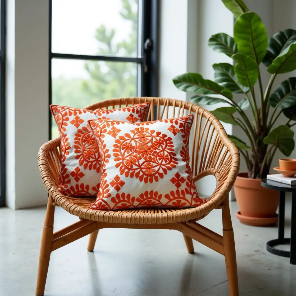 Orange Damask Embroidered Cotton Cushion Set 17.4″ – Set of 2 image 7