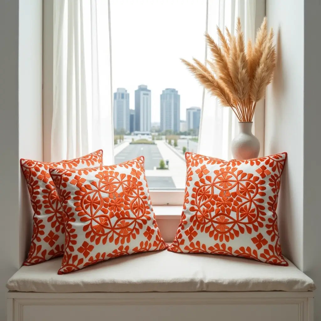 Orange Damask Embroidered Cotton Cushion Set 17.4″ – Set of 2 image 8