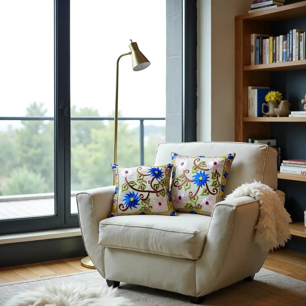 Embroidered Garden Pillow Covers with Birds & Flowers – Cotton Silk Set image 3