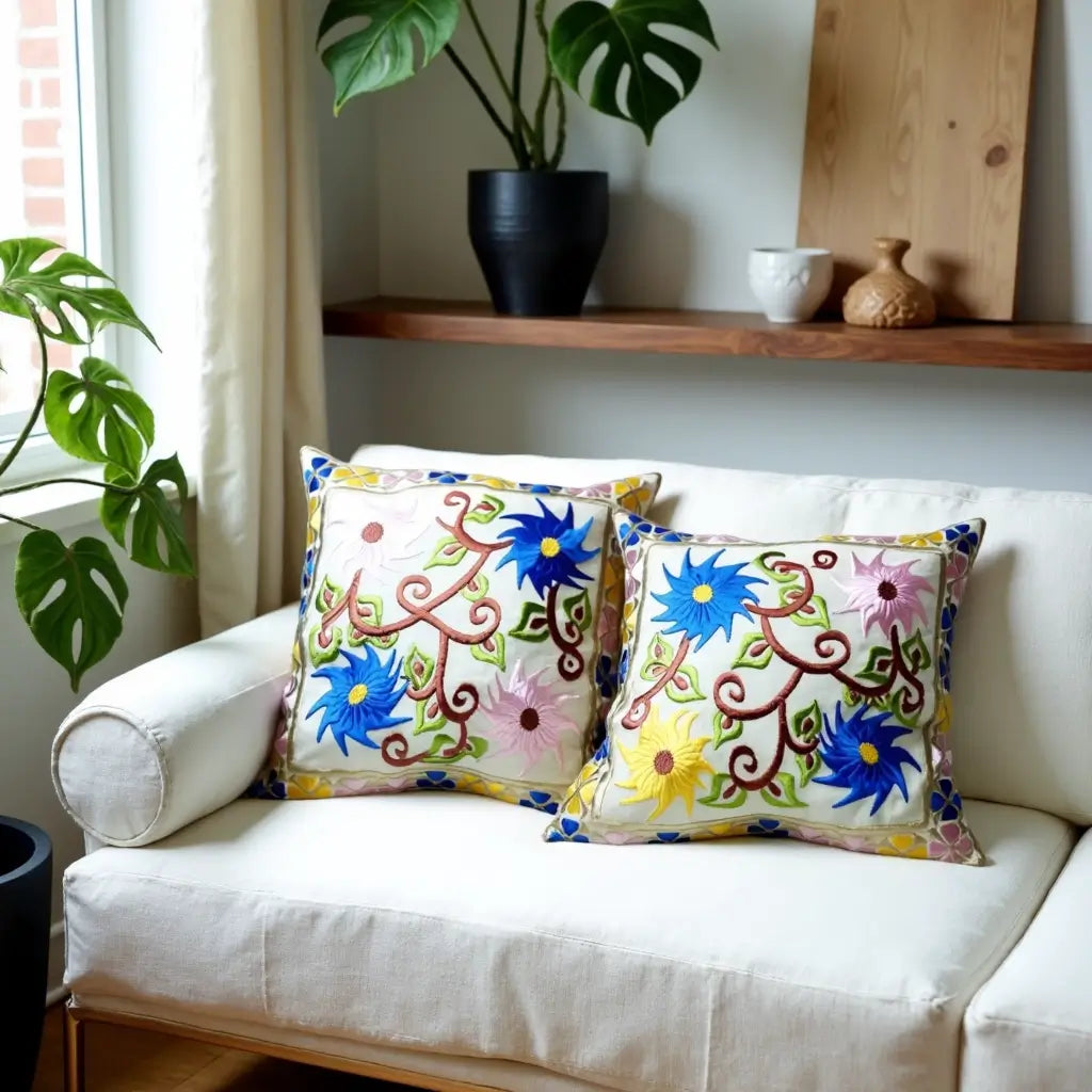 Embroidered Garden Pillow Covers with Birds & Flowers – Cotton Silk Set image 4