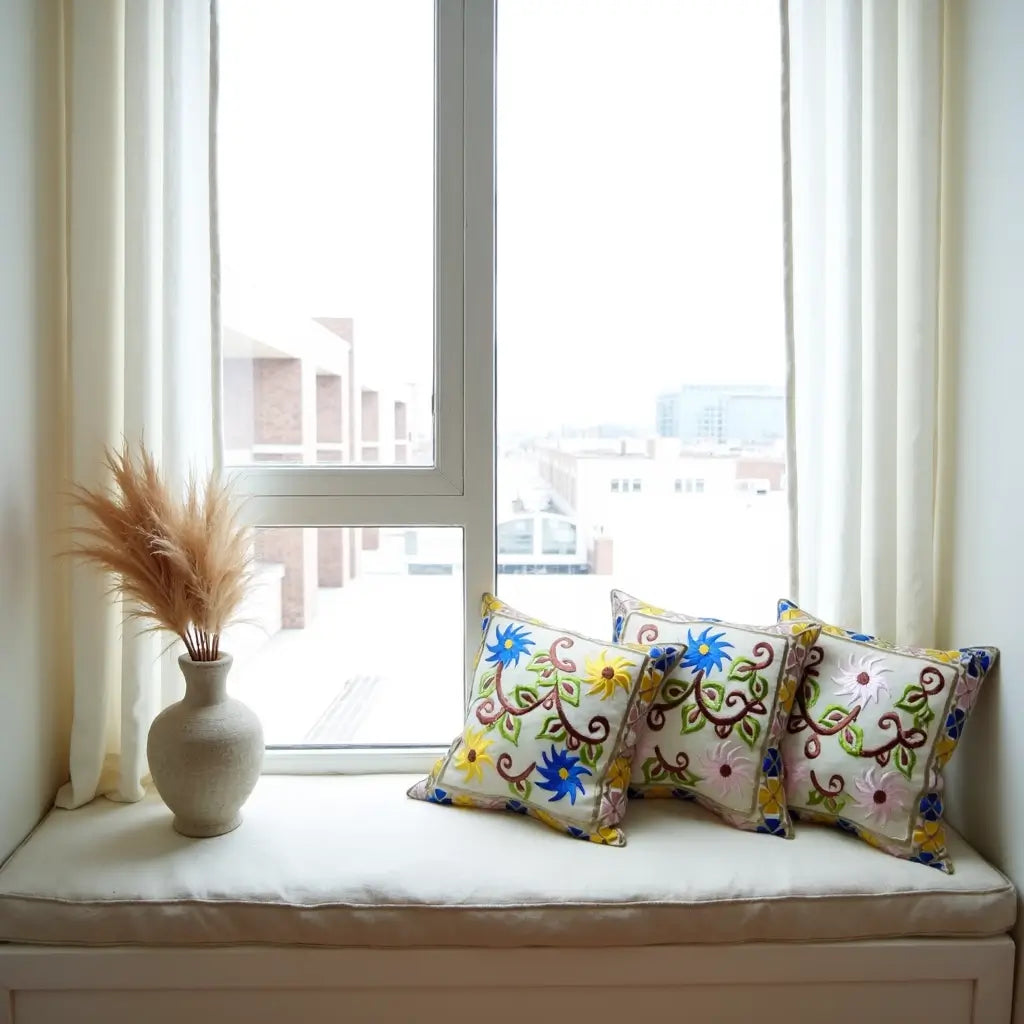 Embroidered Garden Pillow Covers with Birds & Flowers – Cotton Silk Set image 5