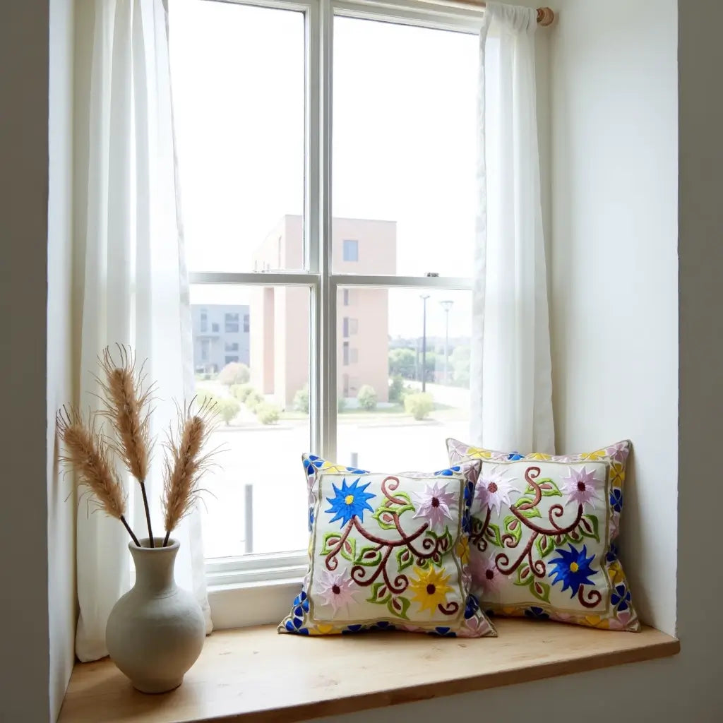 Embroidered Garden Pillow Covers with Birds & Flowers – Cotton Silk Set image 6