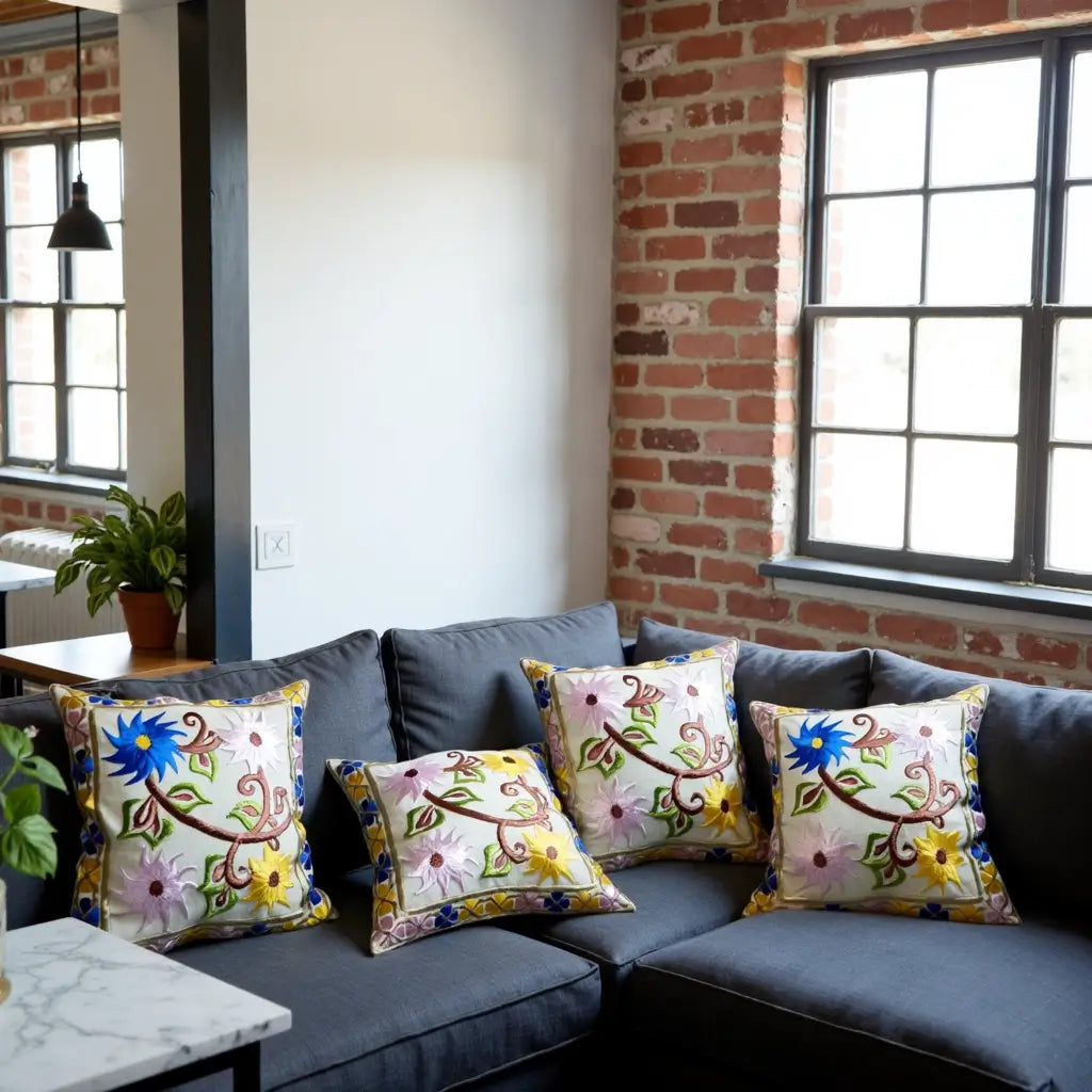 Embroidered Garden Pillow Covers with Birds & Flowers – Cotton Silk Set image 7