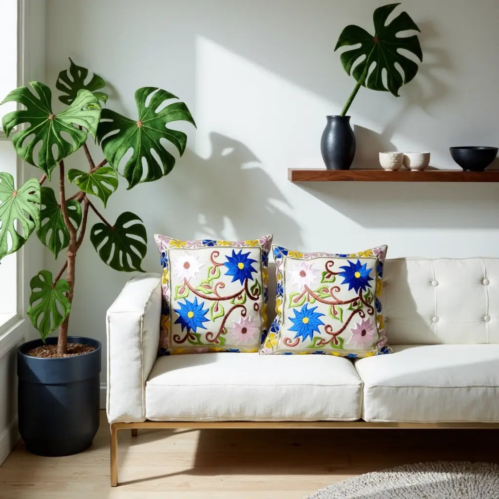 Embroidered Garden Pillow Covers with Birds & Flowers – Cotton Silk Set image 8