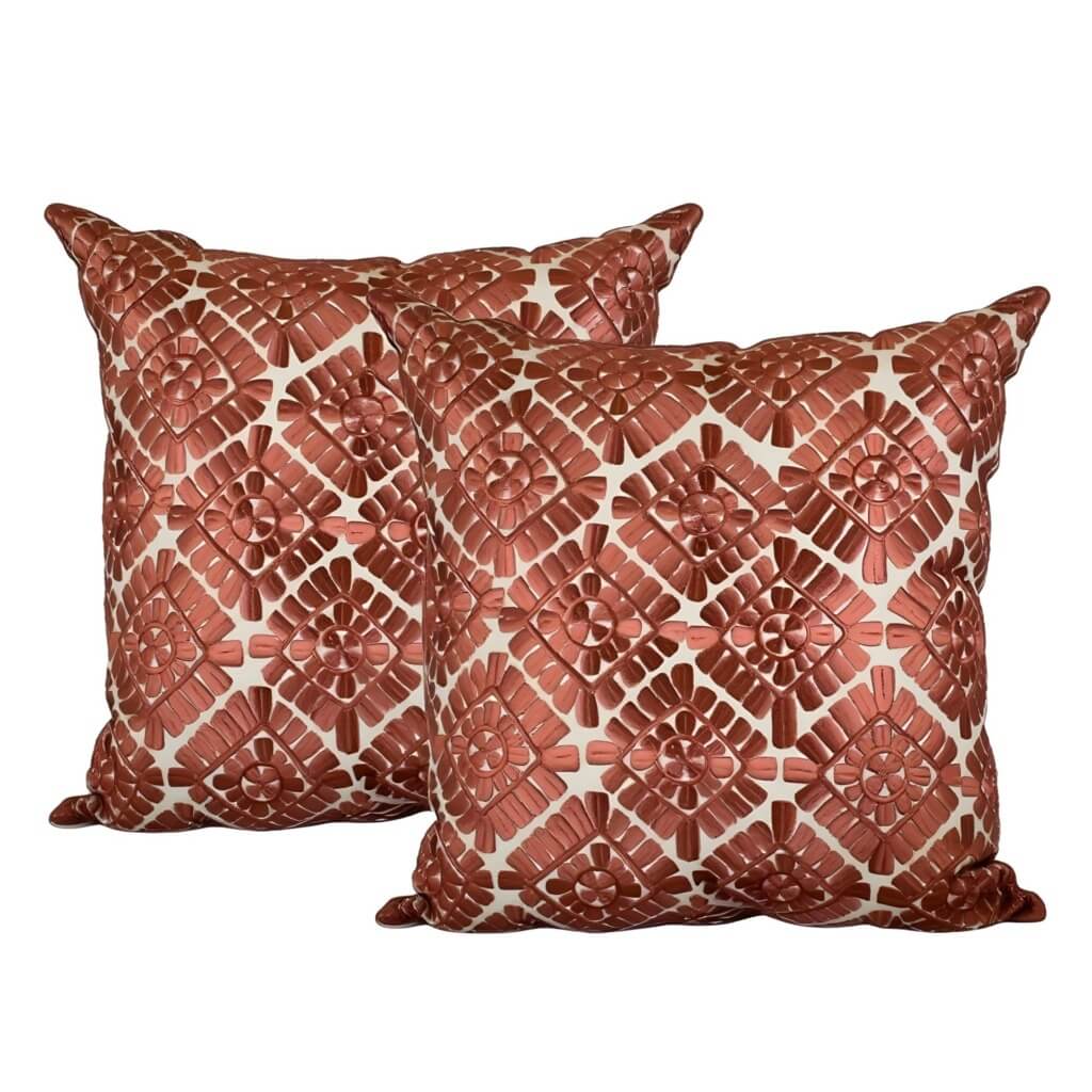 Geometric Leather Appliqué Pillow Covers 18×18 – Terracotta Cotton Set of 2 image