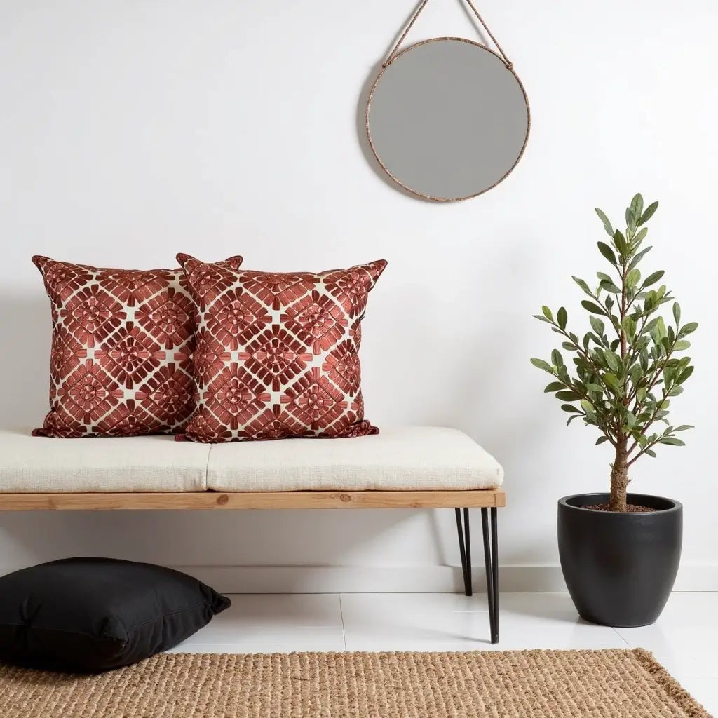 Geometric Leather Appliqué Pillow Covers 18×18 – Terracotta Cotton Set of 2 image 4