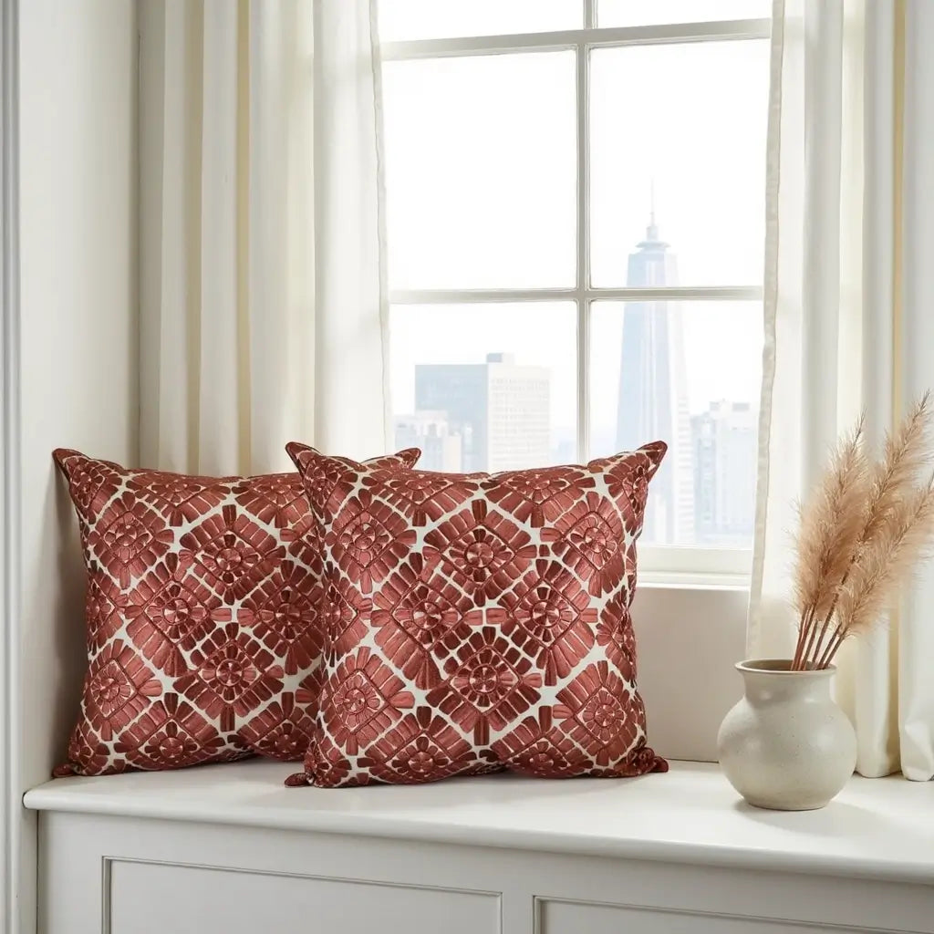 Geometric Leather Appliqué Pillow Covers 18×18 – Terracotta Cotton Set of 2 image 3