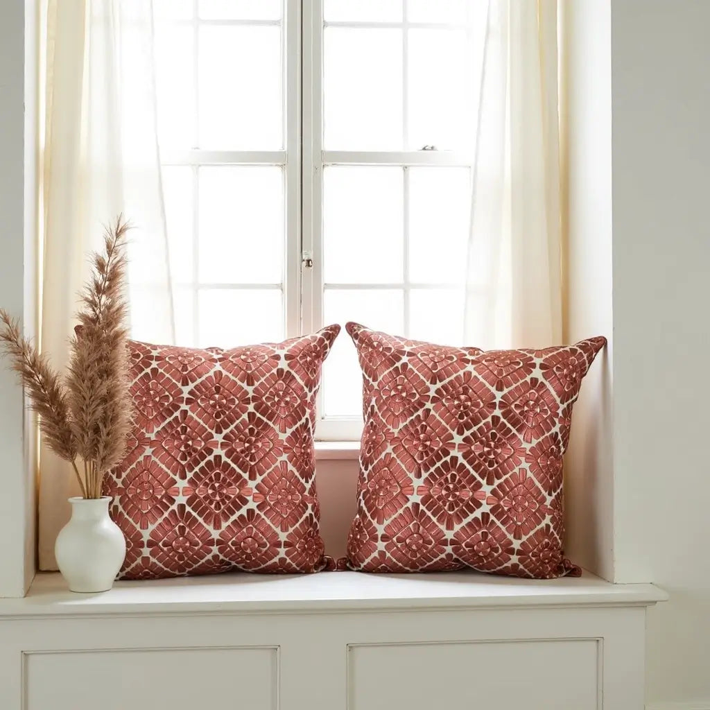 Geometric Leather Appliqué Pillow Covers 18×18 – Terracotta Cotton Set of 2 image 11