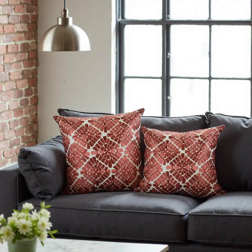 Geometric Leather Appliqué Pillow Covers 18×18 – Terracotta Cotton Set of 2 image