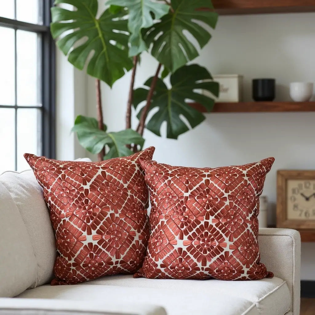 Geometric Leather Appliqué Pillow Covers 18×18 – Terracotta Cotton Set of 2 image 12