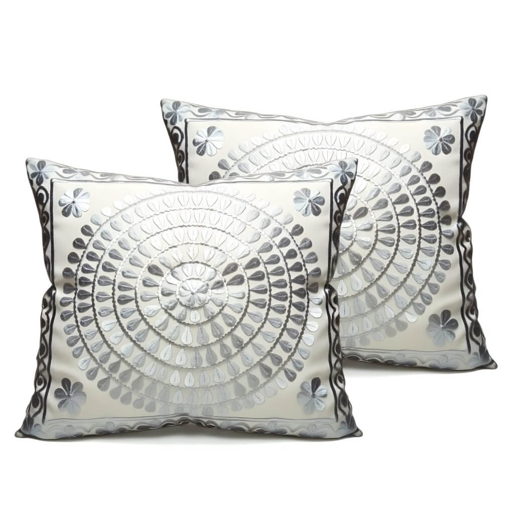 Gray Spiral Medallion Silk Pillow Covers 17.4″ – Luxury Set of 2 image