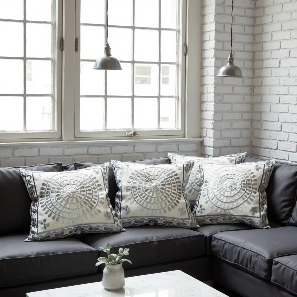 Gray Spiral Medallion Silk Pillow Covers 17.4″ – Luxury Set of 2 image 6