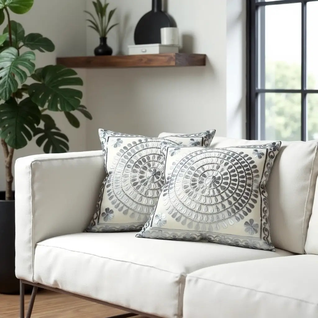 Gray Spiral Medallion Silk Pillow Covers 17.4″ – Luxury Set of 2 image 7