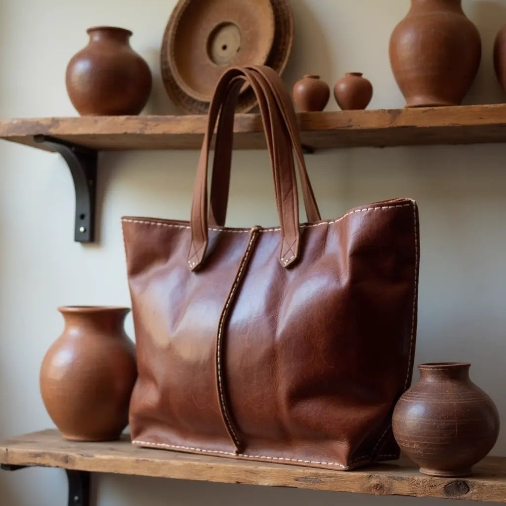 Cognac Leather Tote Bag – Handcrafted Market Shopper for Work & Travel image 6