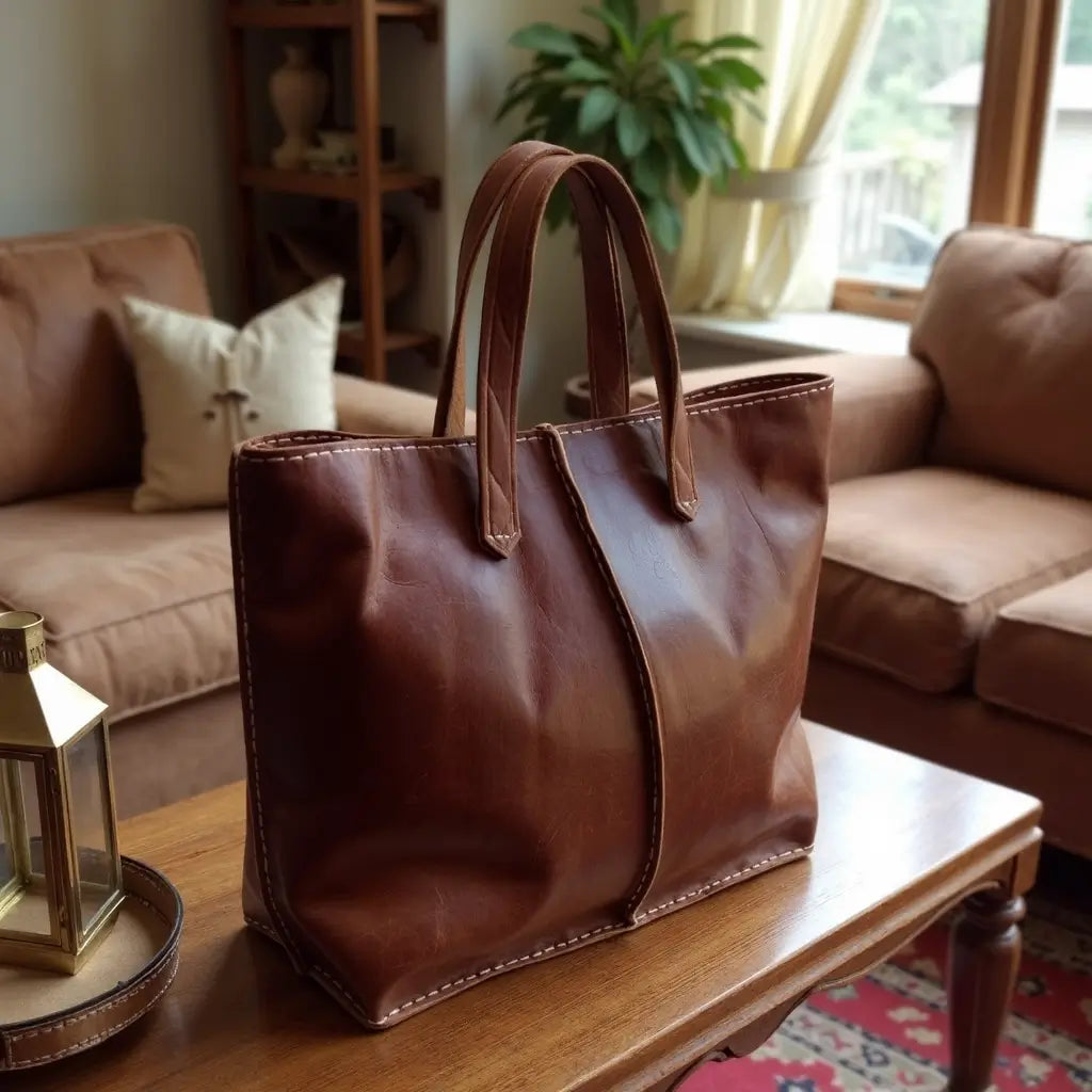 Cognac Leather Tote Bag – Handcrafted Market Shopper for Work & Travel image 3