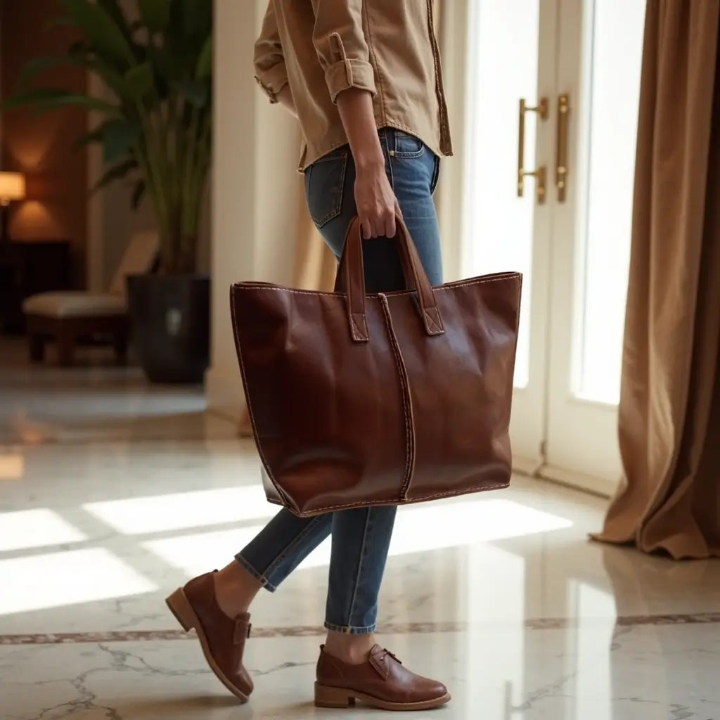 Cognac Leather Tote Bag – Handcrafted Market Shopper for Work & Travel image 4