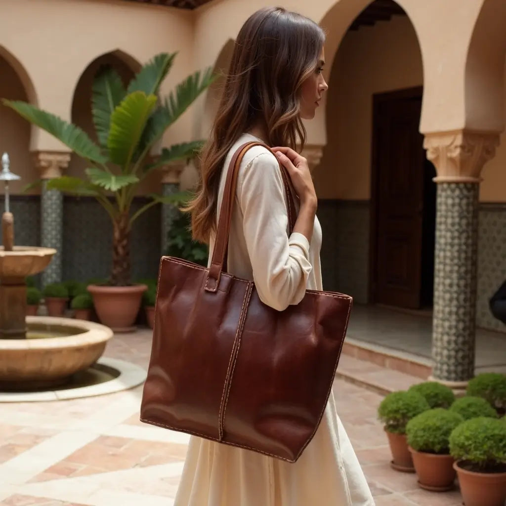 Cognac Leather Tote Bag – Handcrafted Market Shopper for Work & Travel image 5