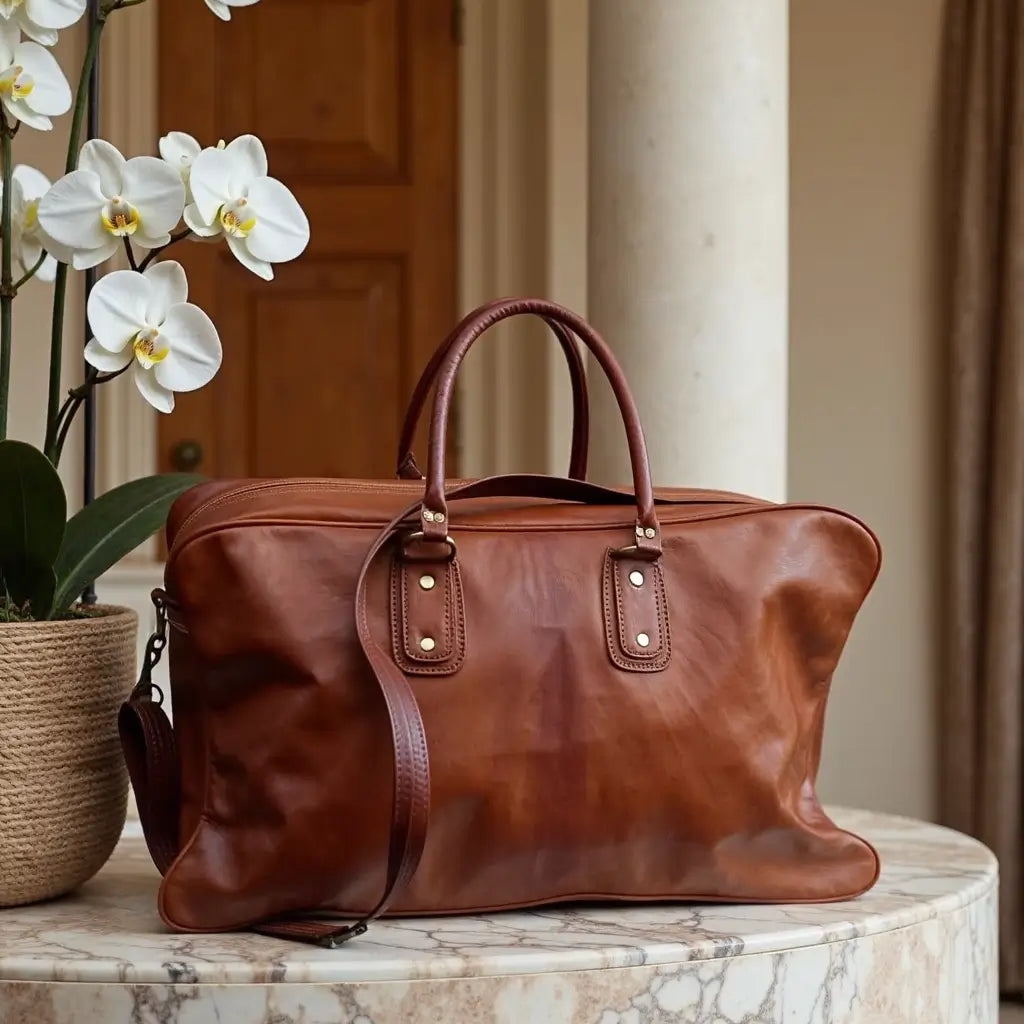 Cognac Leather Weekend Bag – Handcrafted Travel Duffle for Getaways image