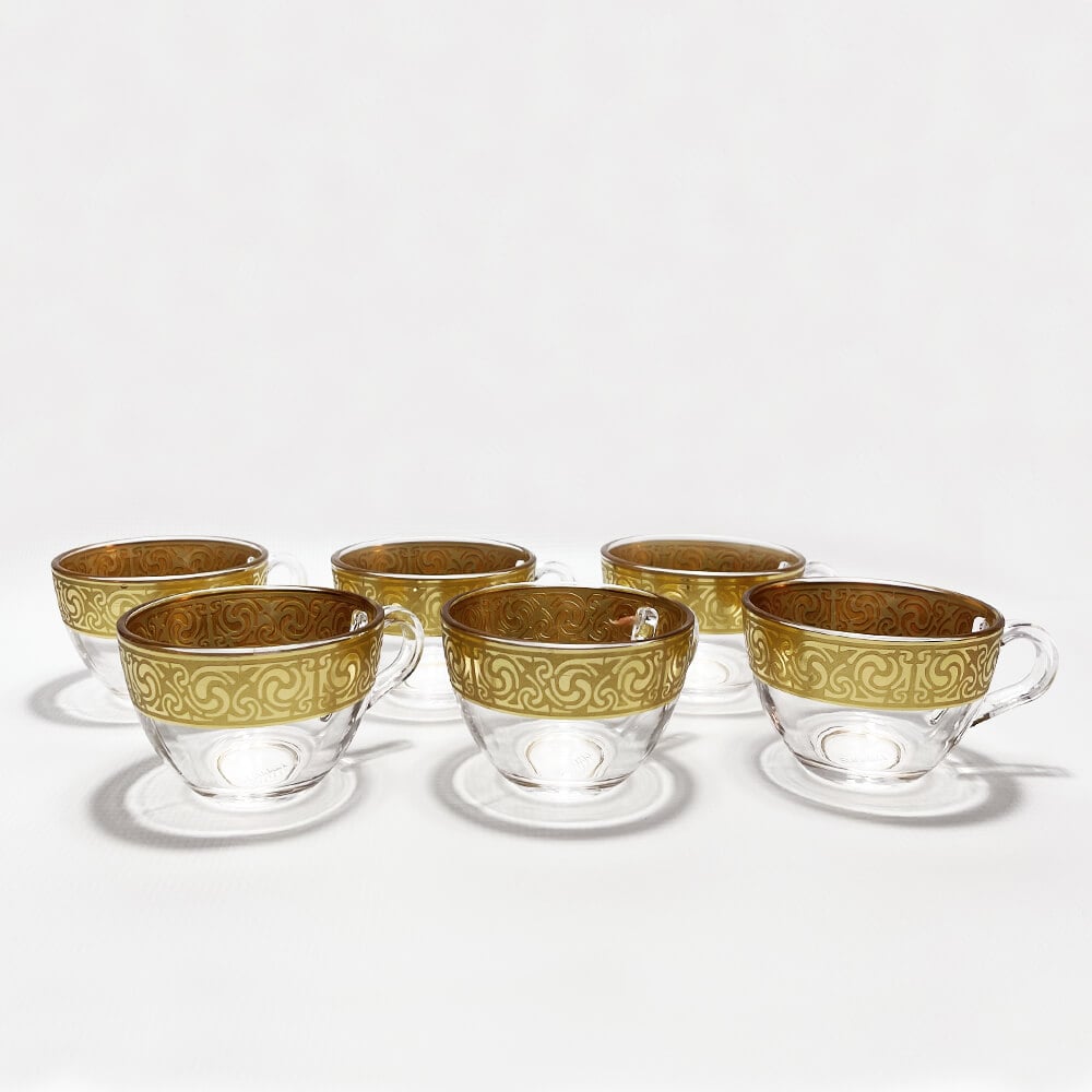 Gold Pattern Glass Coffee Cups with Integrated Saucers – Set of 6 image
