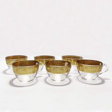 Gold Pattern Glass Coffee Cups with Integrated Saucers – Set of 6 image