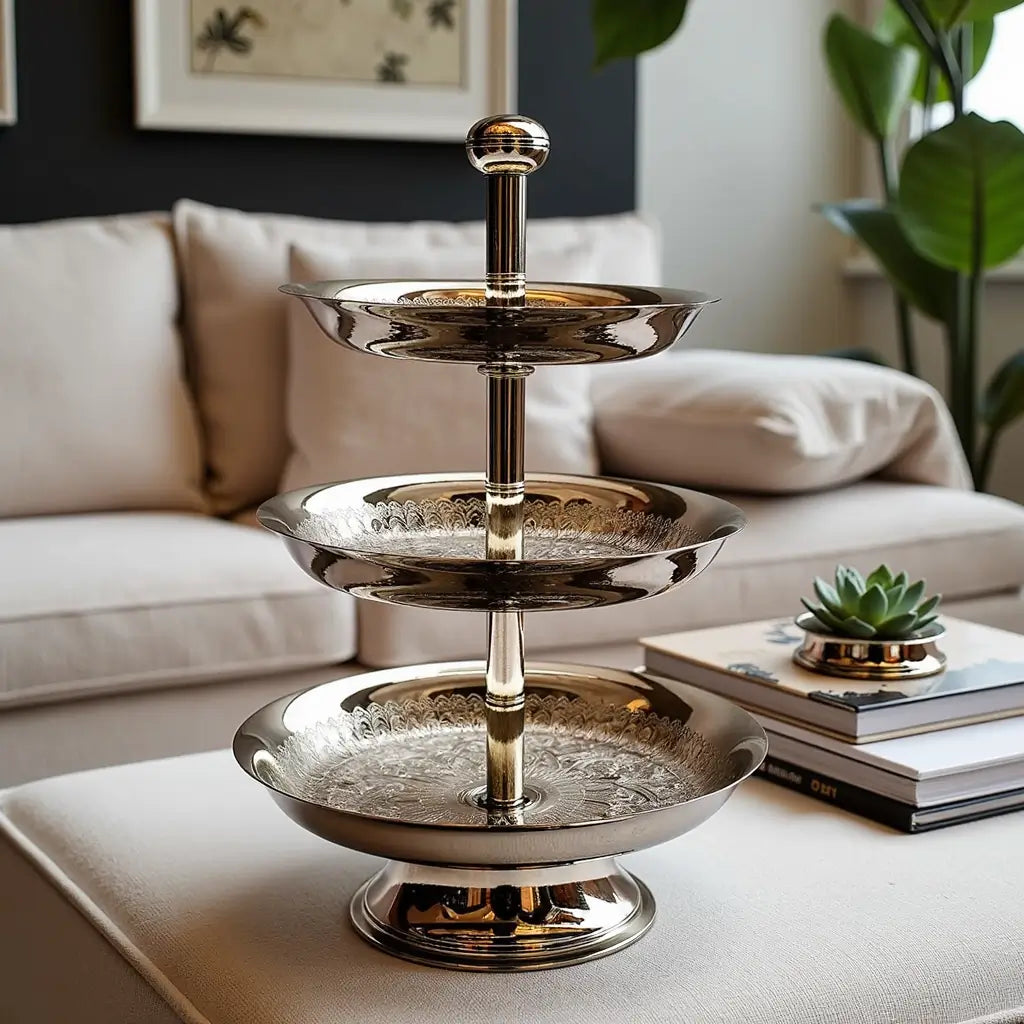 Silver-Plated 3-Tier Cake Stand – Hand-Engraved Brass Serving Tower image 3