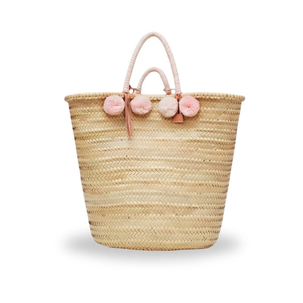 Pom Pom Straw Shopper Bag – Handwoven Beach Market Tote with Cotton Handles image