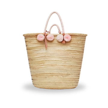 Pom Pom Straw Shopper Bag – Handwoven Beach Market Tote with Cotton Handles image