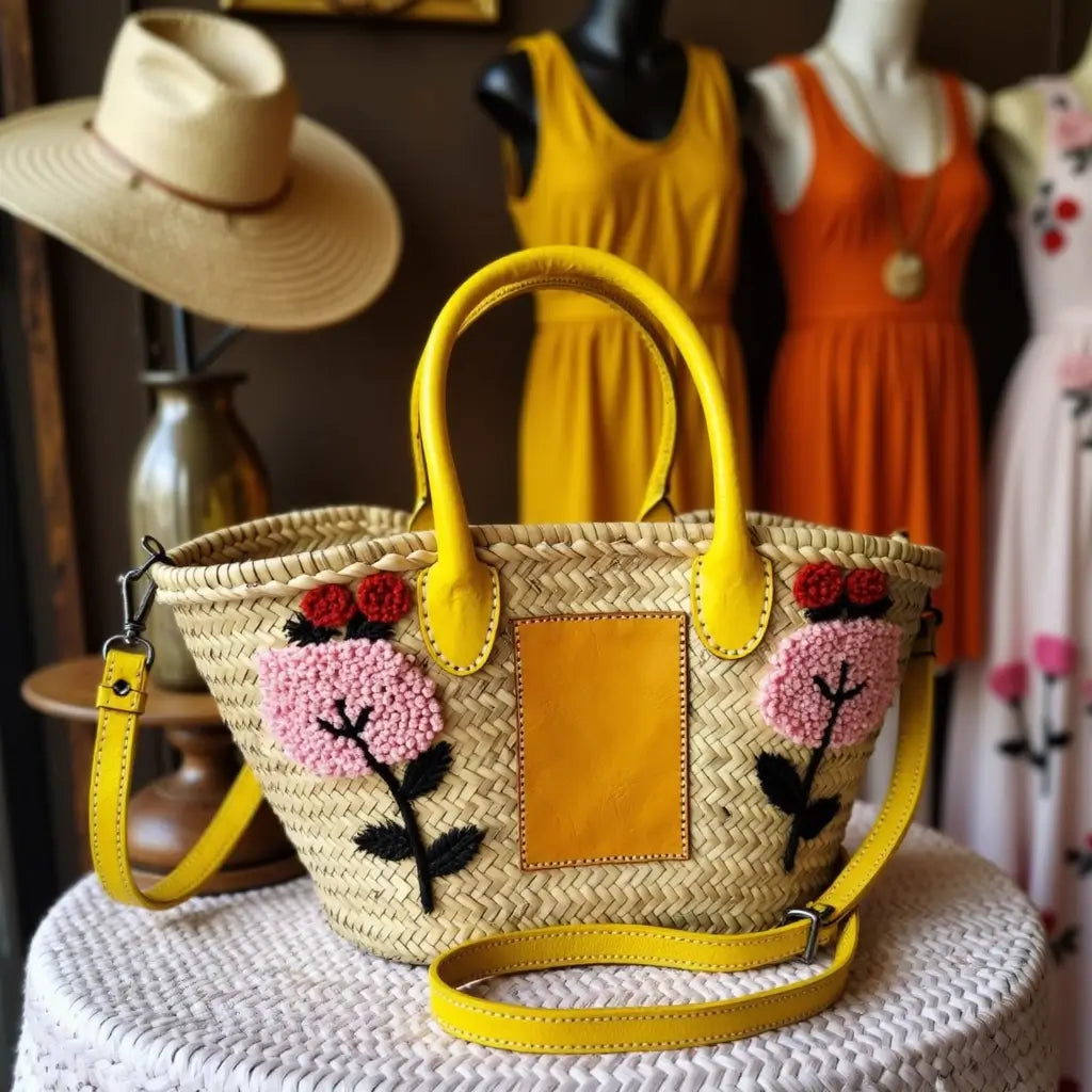 Embroidered Straw Market Basket – Handwoven Tote with Leather Handles image 6