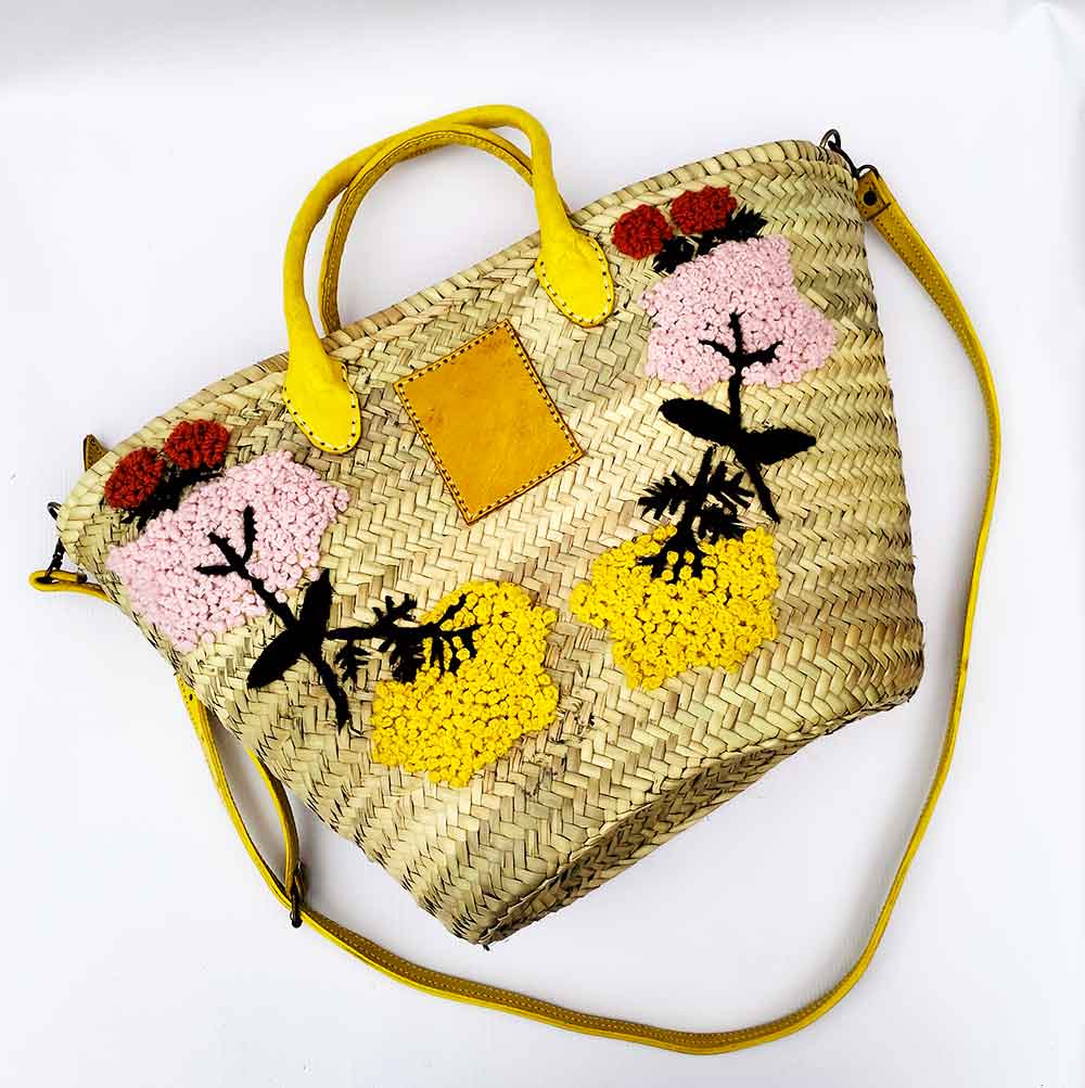 Embroidered Straw Market Basket – Handwoven Tote with Leather Handles image 7