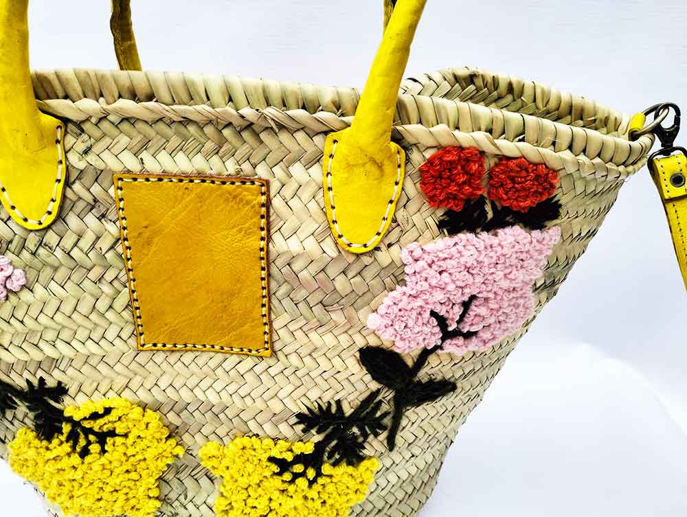 Embroidered Straw Market Basket – Handwoven Tote with Leather Handles image 8