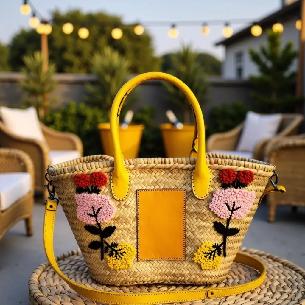 Embroidered Straw Market Basket – Handwoven Tote with Leather Handles image 5