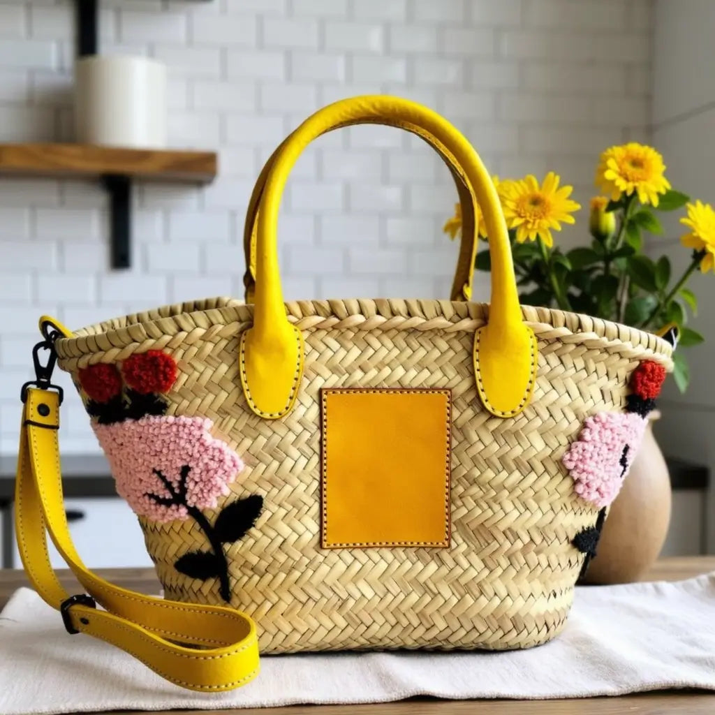 Embroidered Straw Market Basket – Handwoven Tote with Leather Handles image 2