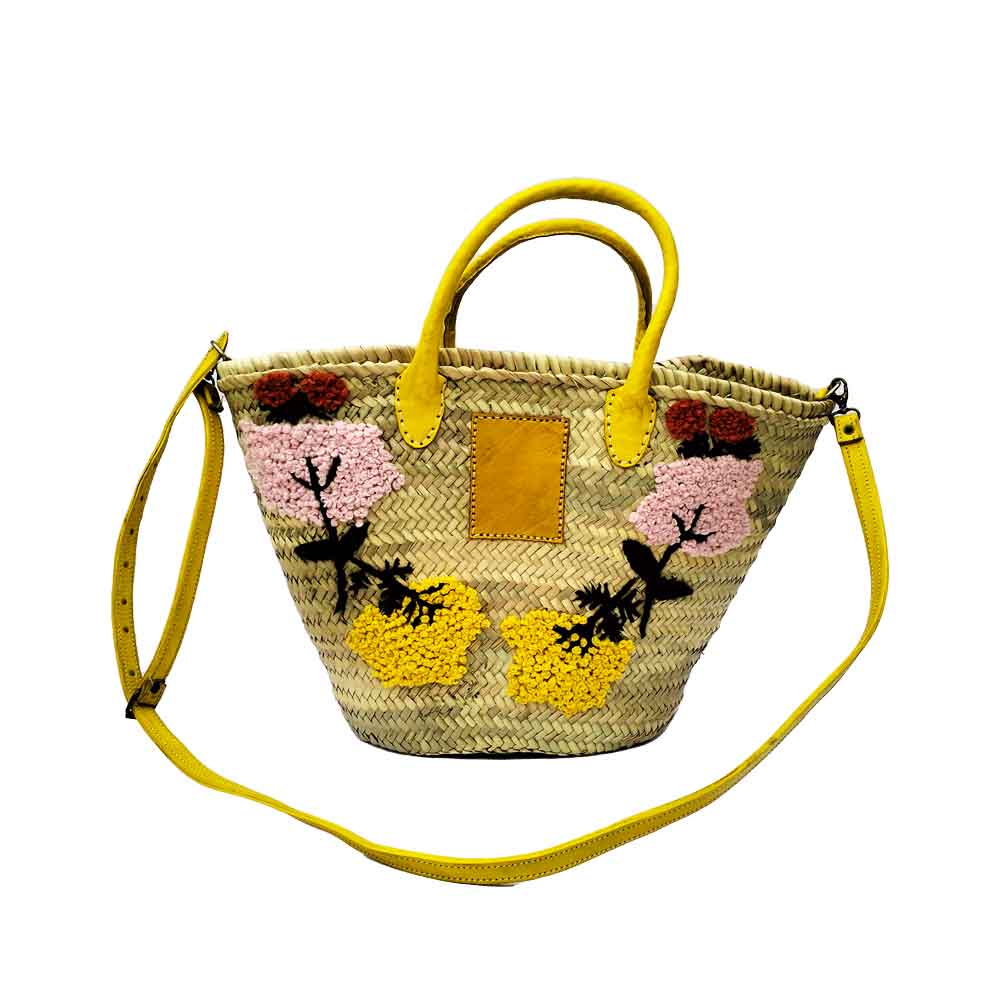 Embroidered Straw Market Basket – Handwoven Tote with Leather Handles image
