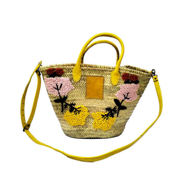 Embroidered Straw Market Basket – Handwoven Tote with Leather Handles image