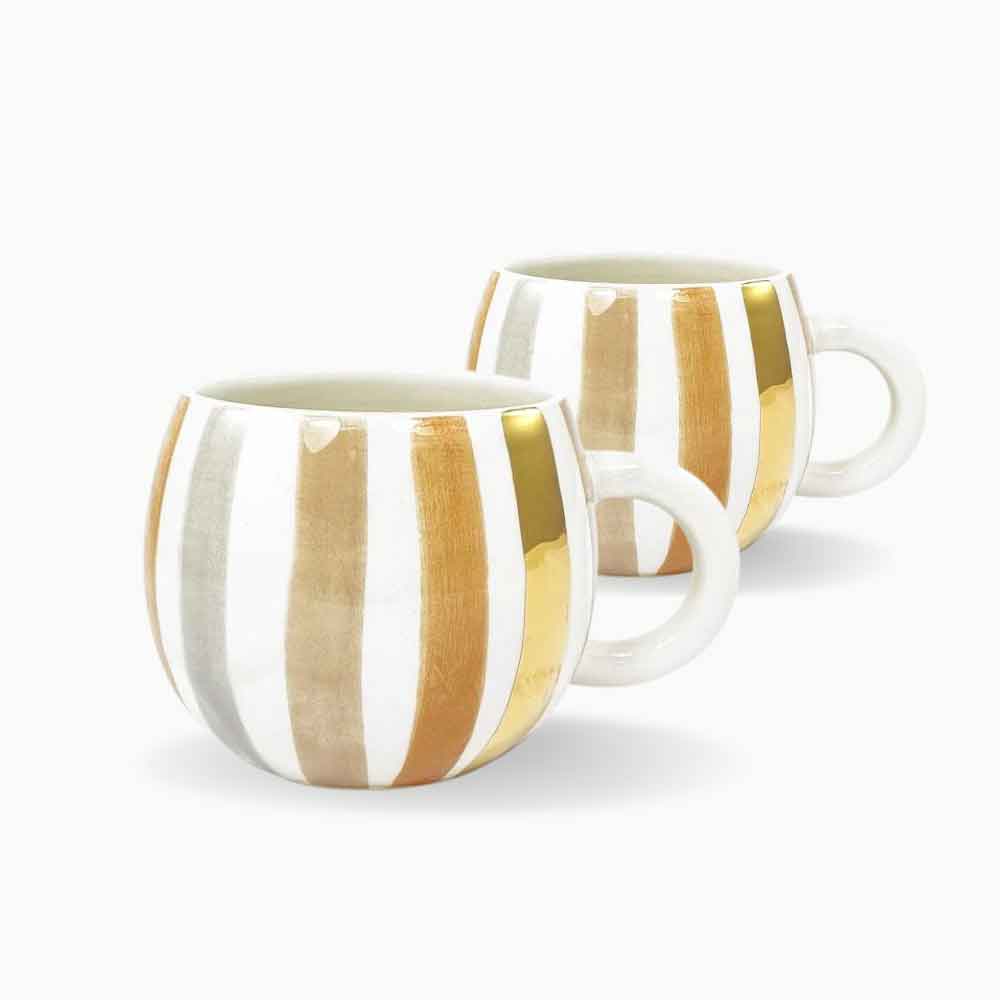 Set of 2 Handmade Ceramic Mugs with Gold Ornaments – Striped Design image 5